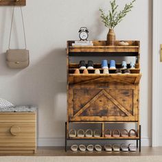 an old wooden shoe rack with shoes on it