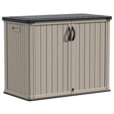 an outdoor storage cabinet with doors and handles on the sides, in beige color scheme