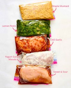 four different types of food wrapped in plastic