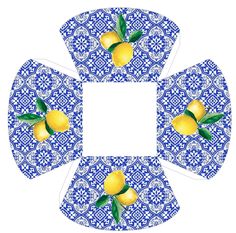 four pieces of blue and white paper with lemons on the front, one is cut out to look like an ornament