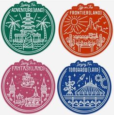 four different colored stickers with the words, adventureland and fantasy land on them