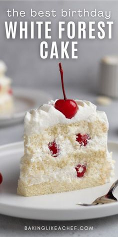 A single slice of White Forest cake on a dessert plate. White Cherry Cake, White Forest Cake Designs, Cherry Frosting Recipe, White Forest Cake Recipe, Cherry Filling Recipes, White Forest Cake, National Chocolate Cake Day