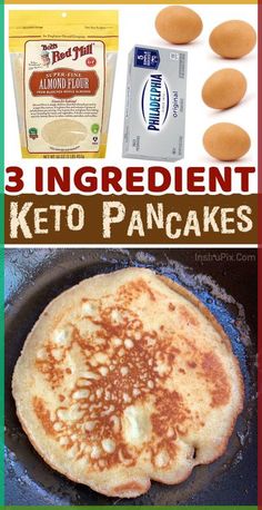 three ingredient keto pancakes in a cast iron skillet with ingredients on the side