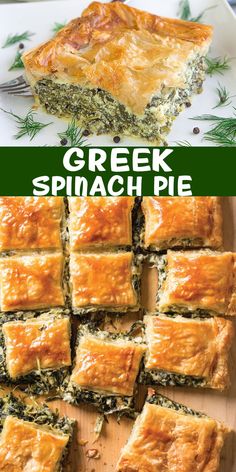 spinach pie is cut into squares and served on a white plate with green sprigs