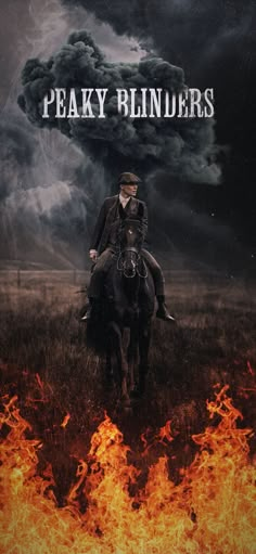 a man riding on the back of a black horse in front of a sky filled with clouds