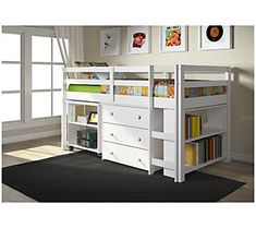 there is a white bunk bed with two drawers and a book shelf on the bottom