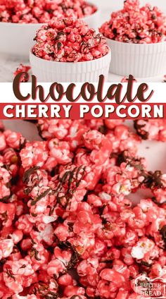 chocolate cherry popcorn with text overlay that says chocolate cherry popcorn on top and in the middle