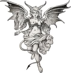 a black and white drawing of a woman with wings on her head, holding a demon's tail