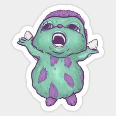 a green and purple monster sticker with its mouth open, standing in front of a white background