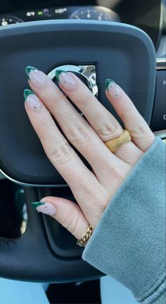 Green Hoco Nails Acrylic, Green French Tip Nails Ideas, Green French Tips With Rhinestones, Trending Green Nails, Green French Nails With Rhinestones, Emerald French Tip Nails Square, First Green Nails, Green Sparkly Tip Nails, Fun Aesthetic Nails