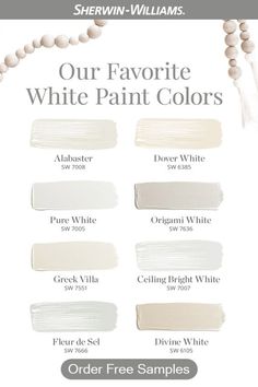 white paint colors with the words our favorite white paint colors on it and beaded necklaces