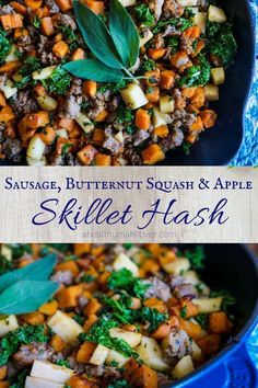 sausage, butternut squash and apple skillet hash with herbs in a blue pan