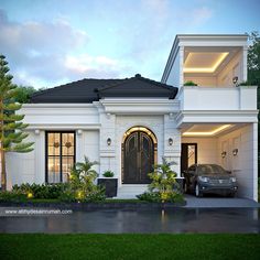 a car is parked in front of a house