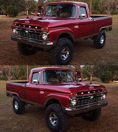 two pictures of an old red pickup truck