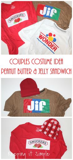 three different shirts with the words, couples costume idea peanut butter and jelly sandwich on them