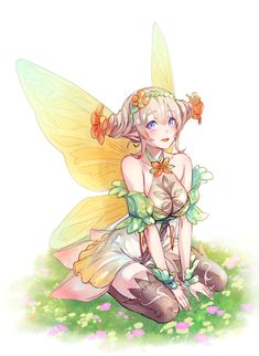 a fairy sitting on the ground with flowers in her hair