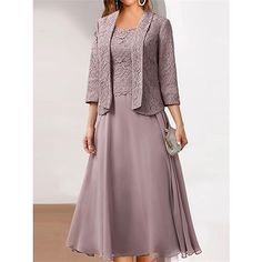 Season:Winter,Fall; Fabric:Lace,Chiffon; Sleeve Length:3/4 Length Sleeve; Look After Me:Hand wash; Gender:Women's; Style:Party,Fashion,Elegant,Mature; Elasticity:Micro-elastic; Occasion:Cocktail Party,Party,Going out,Outdoor,Wedding Guest; Fit Type:Loose Fit; Dresses Type:Semi Formal Dress,Lace Dress,Chiffon Dress,Swing Dress,Party Dress; Pattern:Plain; Design:Lace,Patchwork; Neckline:Crew Neck; Brand:Shall We; Front page:FF; Listing Date:10/30/2023; Bust:; Length:; Length [Top]:null; Shoulder Width:; Sleeve:null; Fit US Size:; Fit UK Size:; Fit EU Size:; Dress Length Type:Midi Dress; Print Type:non-printing; Fabric2:Lace; Length [Dress]:null Midi Dress Winter, 파티 드레스, Dusty Rose Dress, Vestido Plus Size, Chiffon Fashion, Formal Party Dress, Dress Dusty, Curve Dresses, Dress Set