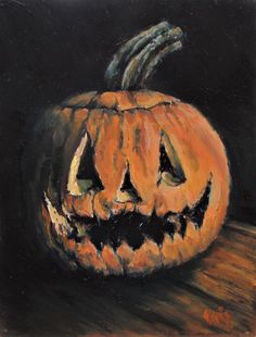 a painting of a jack - o'- lantern pumpkin on a wooden table with black background