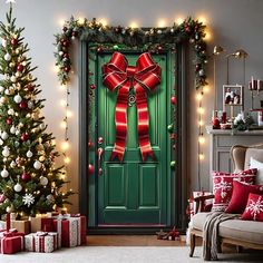 a green door decorated for christmas with red bows and presents on the floor next to it