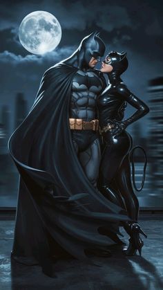 batman and catwoman kissing in the moonlight