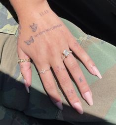 hand tattoos Discreet Hand Tattoos, Aesthetic Tattoos Hands, Enough Hand Tattoo, Artistic Hand Tattoos, Dainty Hand Tattoos For Women Words, Hand Tattoos On Women, Written Hand Tattoos, I Built Me Tattoo, M Hand Tattoo