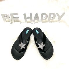 Okab Starfish Sandals M/L Black Sandal/Flip Flop Style Starfish Embellished Accent Made In The Usa Rubber Sole & Footbed 1 Inch Sole Starfish Sandals, Flip Flops Style, Flip Flop, Flip Flop Sandals, Black Sandals, Starfish, Women's Shoes Sandals, Black Silver, Rubber Sole