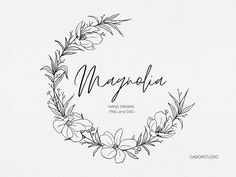 the word margarita written in cursive writing with flowers and leaves