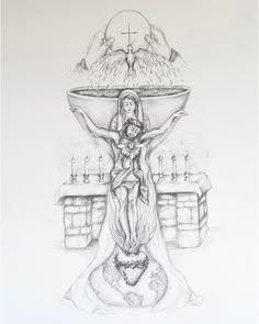 a pencil drawing of the virgin mary with her hands raised up in front of a fountain