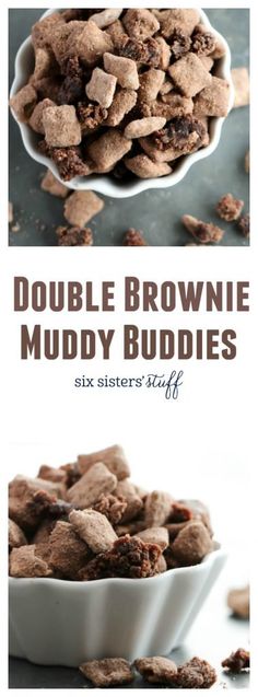 chocolate puppy muddy buddies in a white bowl with the words, double brownie muddy buddies