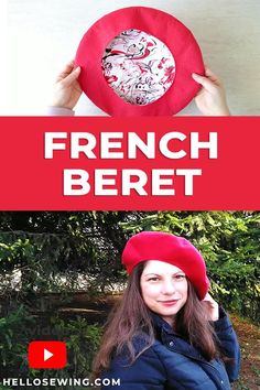 a woman holding up a red hat with the words french beret in front of her