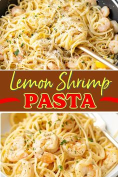 lemon shrimp pasta in a skillet with text overlay