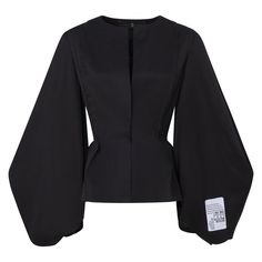 This formal bar style jacket features a fitted waist with a center button and exposed seams at the princess line for added design detail. The jacket also boasts geometrical voluminous sleeves with two openings and ends at the low waist, fully lined for a polished look. 100% Cotton  Wash At Or Below 30°c Tumble Dry At Low Temperature Iron At Medium Temperature Non Chlorine Bleach Do Not Dry Clean Wash With Similar Colours Women’s Black Suits, Bell Sleeve Jacket, Winter Jacket Style, Unique Jackets For Women, Evening Jackets For Women Formal, Structured Jackets For Women, Structured Clothing, Outfit Design Ideas, Low Waisted Dress