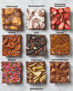 the different types of desserts are shown in this image, including cookies, brownies, and pretzels