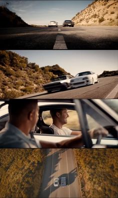 three different shots of a man driving a car on the road with another person in the back seat