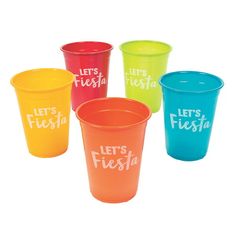 four plastic cups with the words let's fiesta written on them