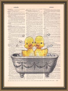 two rubber ducks in a bathtub with bubbles on an old dictionary page book print