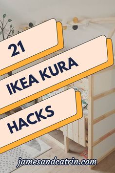 two yellow and white signs with the words 21 ikea kura hacks on them