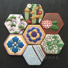 an assortment of decorated cookies arranged in the shape of hexagons