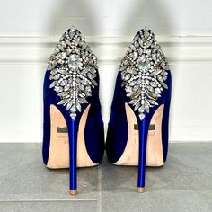 Badgley Mischka Blue Satin Crystal High Heel Peep Toe Pumps Size 7. The Most Stunning High Heel Shoes They Just Didn't Fit Me Right. No Signs Of Wear On Satin Or Insole, Just Slight Wear On The Sole From Walking On Our Tile Floor. Shoes Are Still In Store. Glamorous Blue High Heel Wedding Shoes, Blue Wedding Shoes With 4-inch Heel, Glamorous Blue Heels For Weddings, Blue Glamorous Wedding Shoes For Party, Blue Embellished Heels With Pointed Toe, Blue Rhinestone Wedding Shoes For Formal Occasions, Blue Wedding Shoes With Rhinestones, Blue Rhinestone Wedding Shoes, Blue Rhinestone Wedding Heels