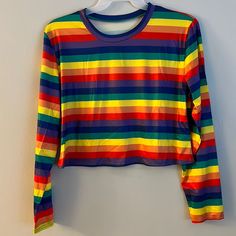 Silky Rainbow Stripe Long Sleeve Crop Tee * Pride Shirt * Plus Sizes * Shein Curve * Great With Pants, Shorts, Skirt, Or Under Overalls! 100% Polyester * All-Over Rainbow Stripe Pattern (Start And End) Varies By Size. Women’s Plus Sizes - Clingy - Not Loose. Size Up For Most Comfortable Fit. Nwt - New And Unworn. Mailed From A Smoke-Free & Pet-Free Home Office. Bundle Items To Save On Shipping! Rainbow Long Sleeve Shirt, Long Sleeve Color Block T-shirt For Summer, Trendy Multicolor Tops With Rainbow Print, Fun Long Sleeve Summer Tops, Rainbow Long Sleeve Cotton Top, Trendy Rainbow Top For Pride, Trendy Rainbow Print Striped Tops, Trendy Striped Rainbow Print Tops, Trendy Striped Tops With Rainbow Print