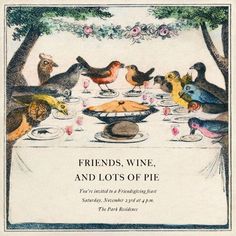 a card with birds and cats eating at a dinner table, surrounded by other animals