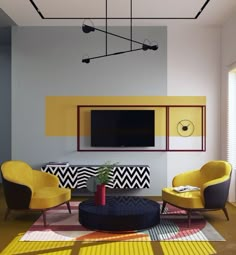 a living room filled with furniture and a flat screen tv mounted to the side of a wall