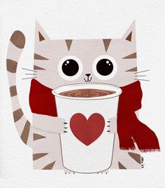 a cat holding a cup of coffee with a red scarf around it's neck