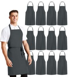 a man wearing an apron and standing in front of eight different styles of aprons