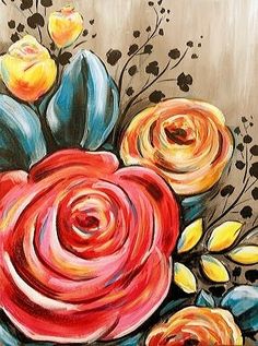 a painting of colorful flowers on a brown background