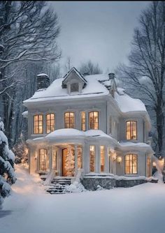 a large white house with lots of windows and lights on it's roof in the snow