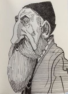 a drawing of an old man with a hat and beard in black ink on white paper