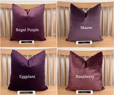 four pillows that say regal purple, raspberry, regal purple and regal purple