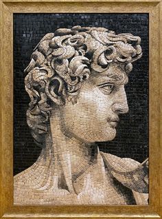 a mosaic portrait of a woman with curls on her head and hands in her hair