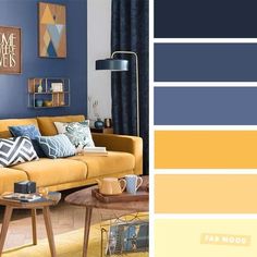 a living room with blue walls and yellow furniture in the center, along with various color swatches